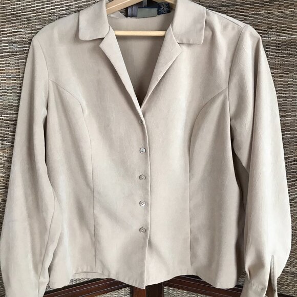 Laura Scott Petite Vintage Button-Down Blouse: Textured Taupe Shirt, Women's 14P - Picture 2 of 14